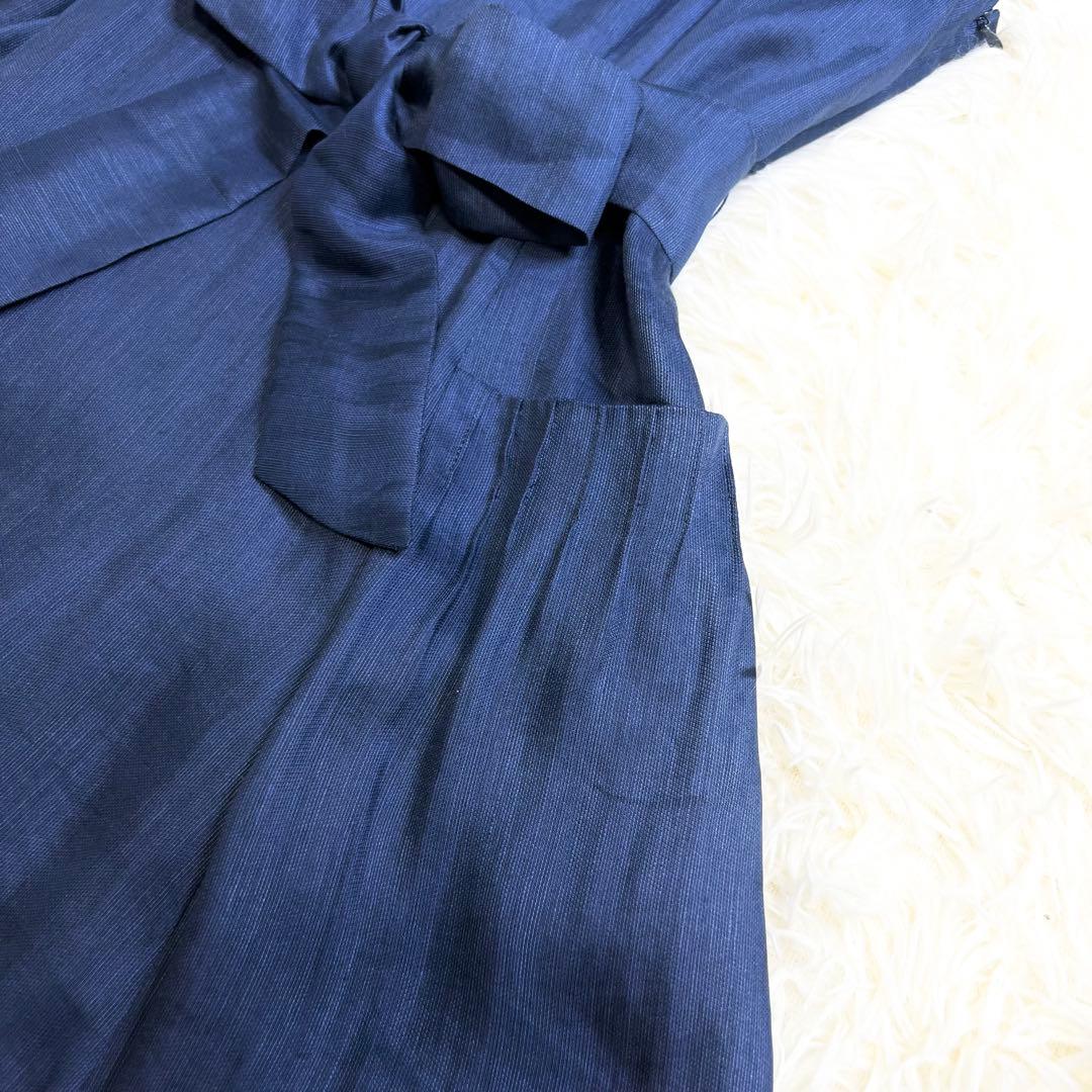 極美品✨シビラ ひざ丈ワンピース フレンチスリーブ シルク混 リネン リボン L