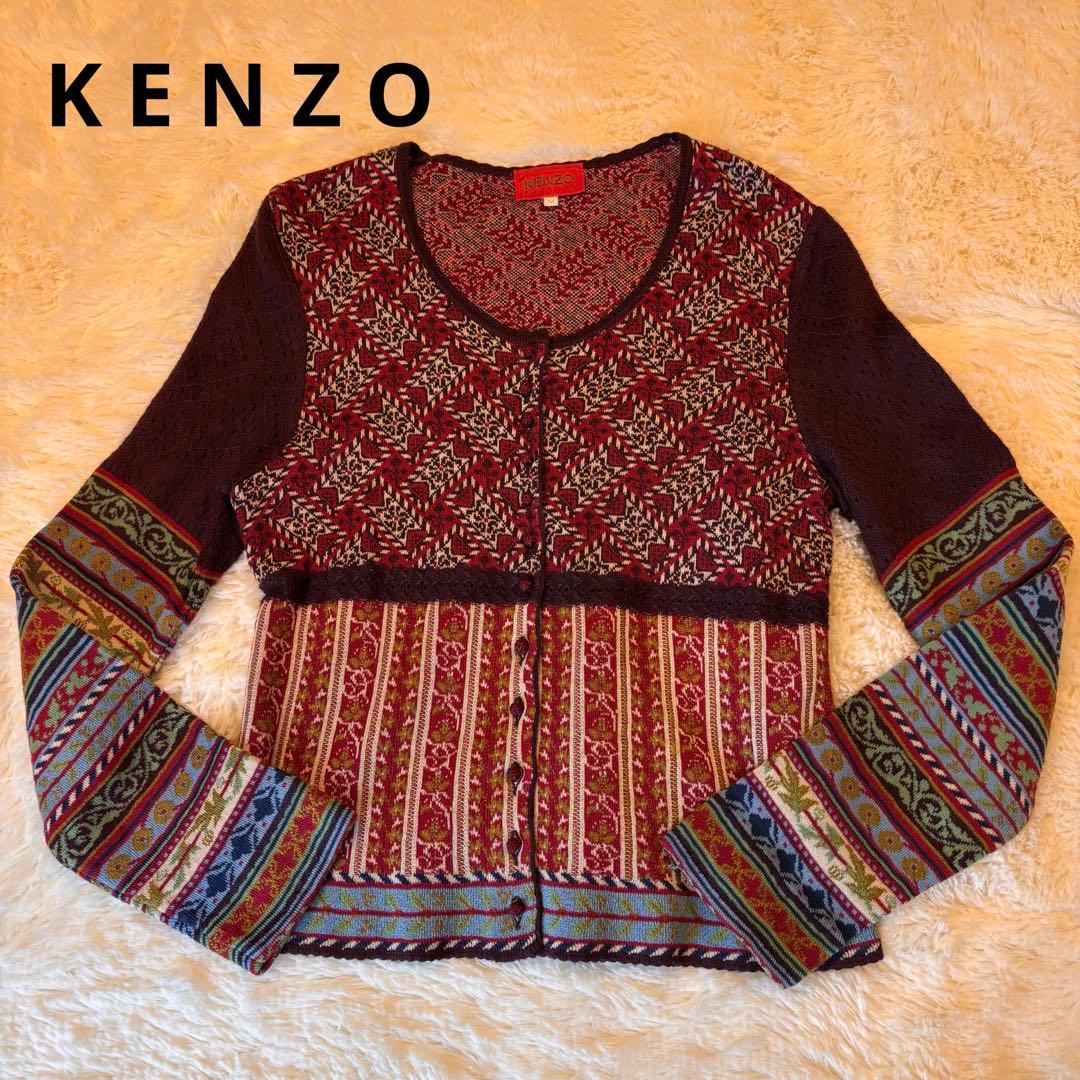 ★KENZO★M★ボルドー系多色柄ニットカーディガン★編みくるみボタン★伸縮性有