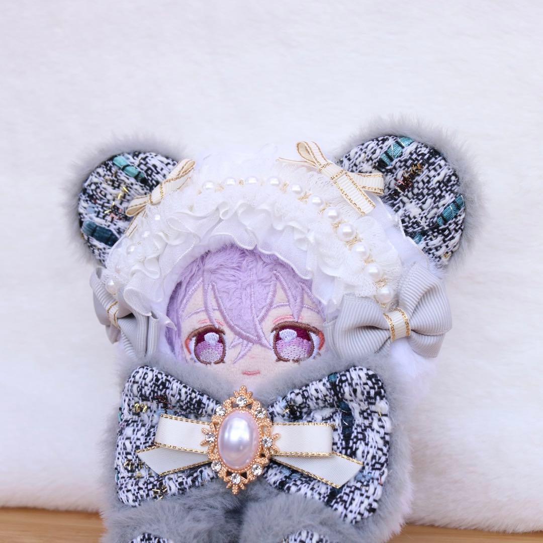 ツイードリボンのくまさん.12〜14cm/グレー❤︎おすわりぬい服 ちびぐるみ