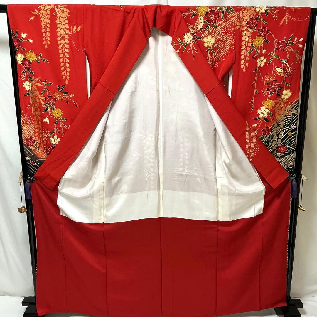 b758 正絹　振袖　紅型　金彩ラメ　トールサイズ　着物
