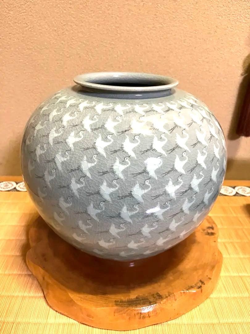 青磁　壺　花瓶 花器　芸珍　鳥模様