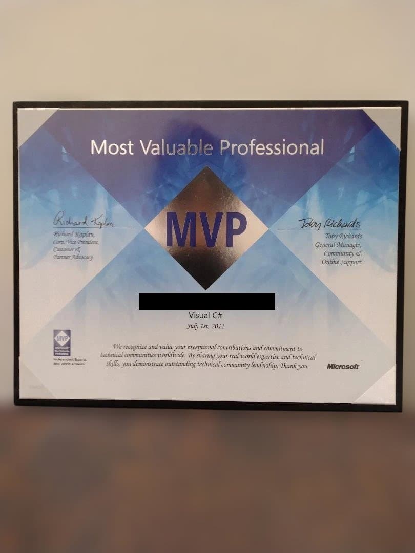 Microsoft MVP 受賞証明書 (2005年 ～ 2012年)