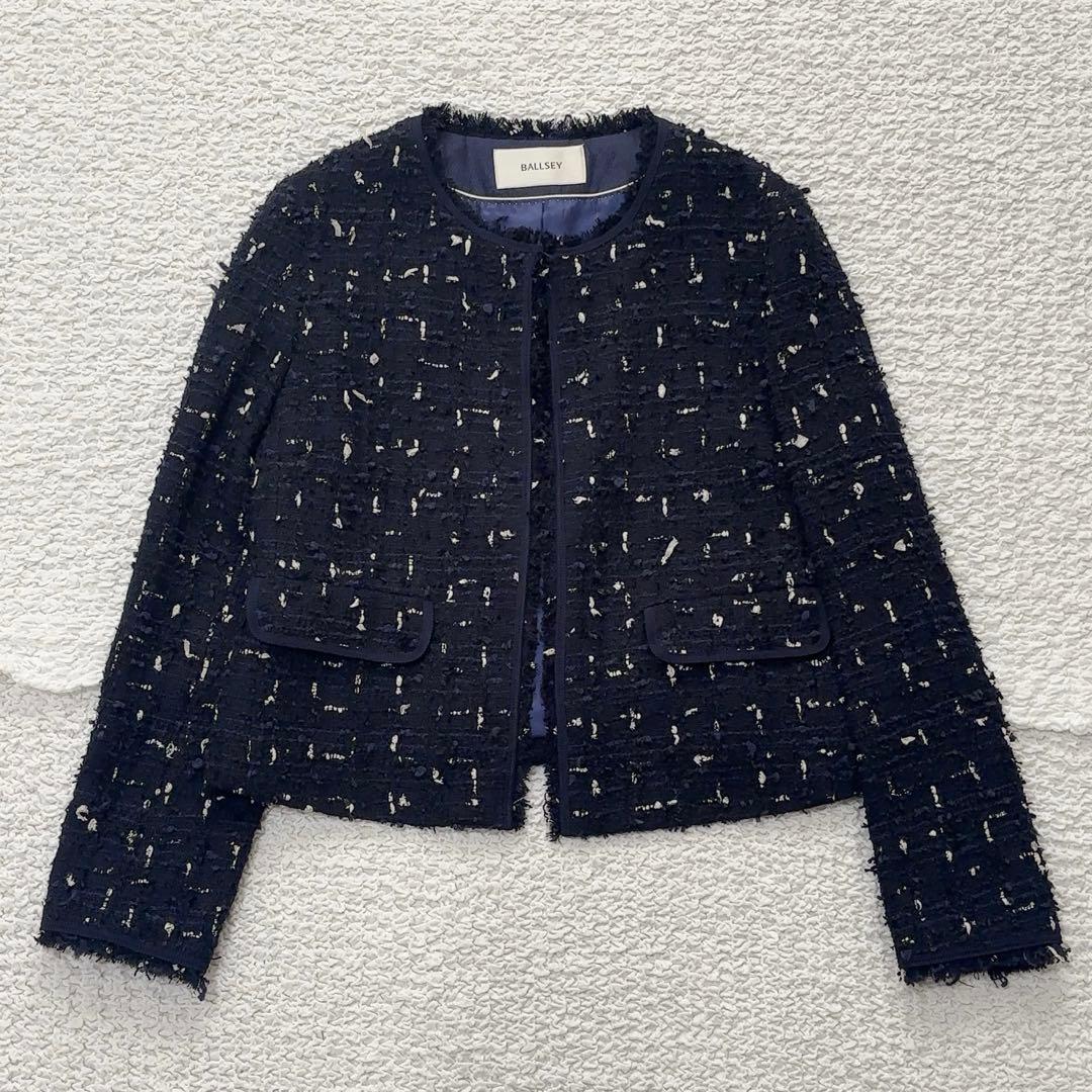 BALLSEY ボールジィ ツイード ノーカラージャケット ネイビー M 紺