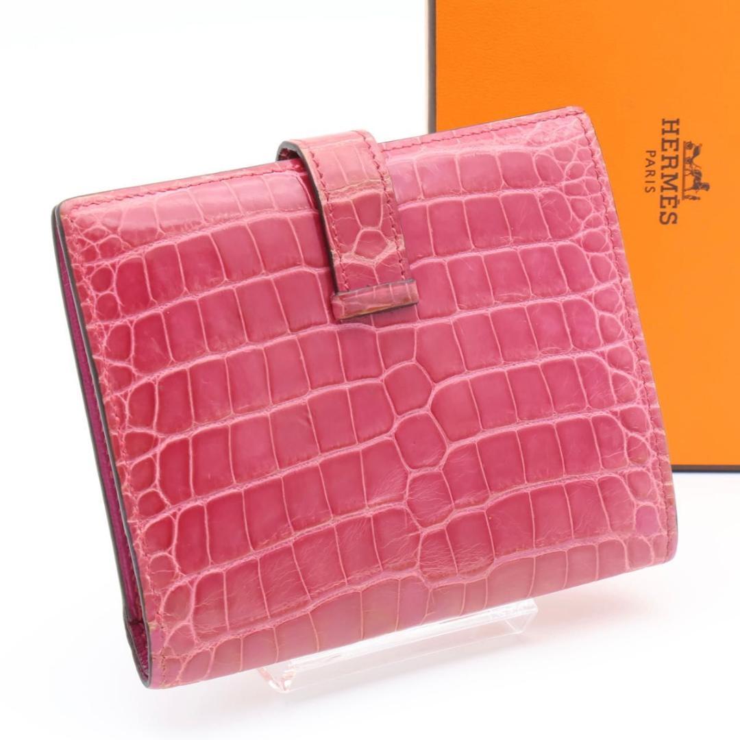 鑑定書付き【超極美品】HERMES ベアンコンパクト　アリゲーター　ピンク