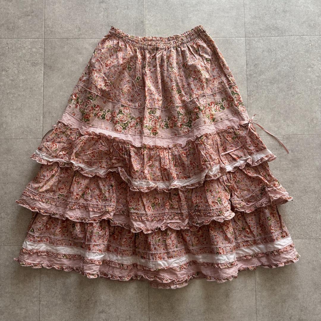 ピンクハウス　ロングスカート　段々ティアード　ピコフリル　薔薇　ピンク　リボン