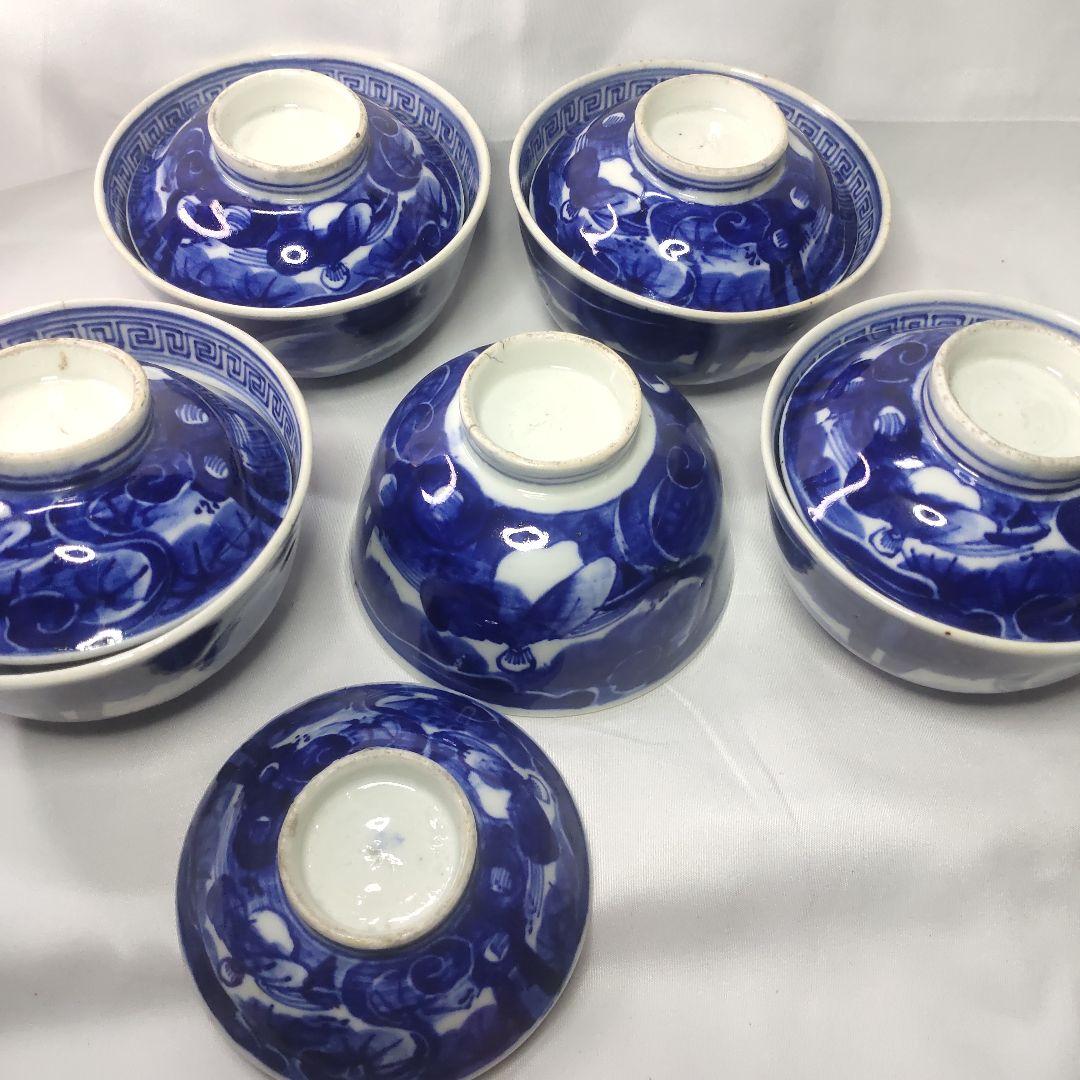 古伊万里焼 蓋付茶碗5客 明治骨董 手作り 旧家蔵出し アンティーク 陶芸品