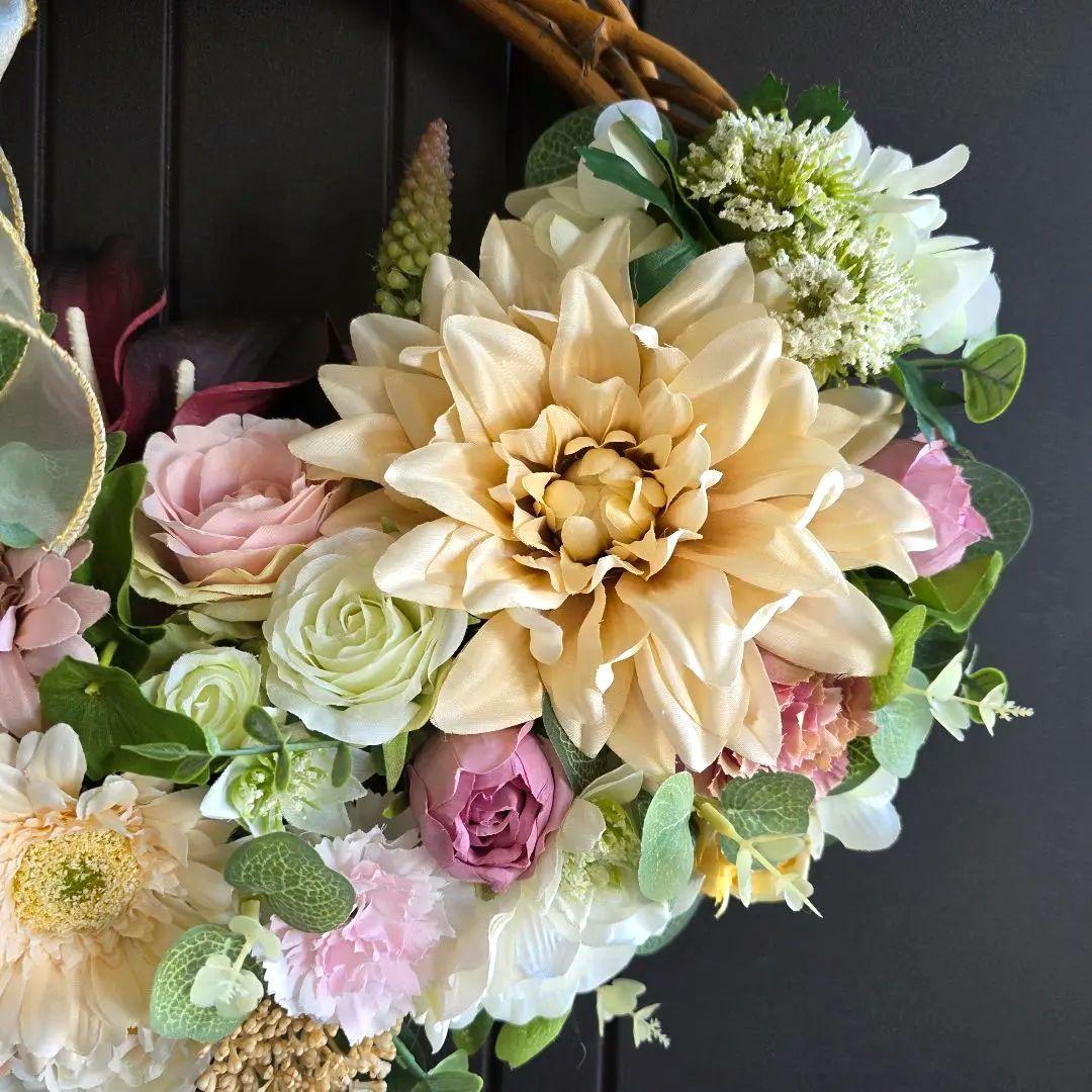 フラワーリース 初春月 2 咲き誇る花たちの花かご 超特大 玄関リース 造花