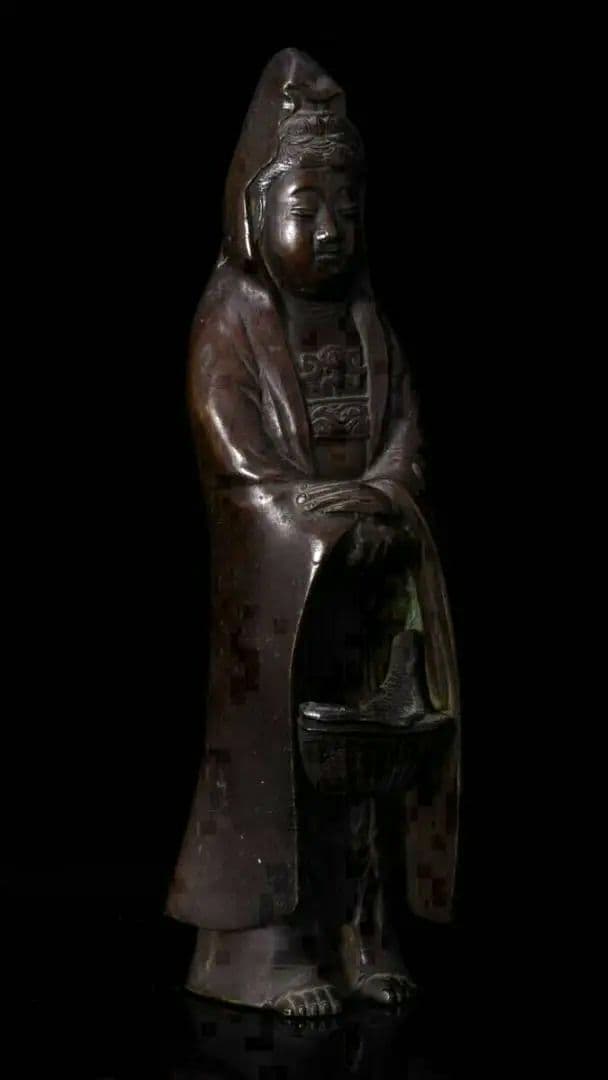 【希少・時代物】魚籃観音像 仏像 細密彫刻 高さ26cm 唐銅 金属彫刻