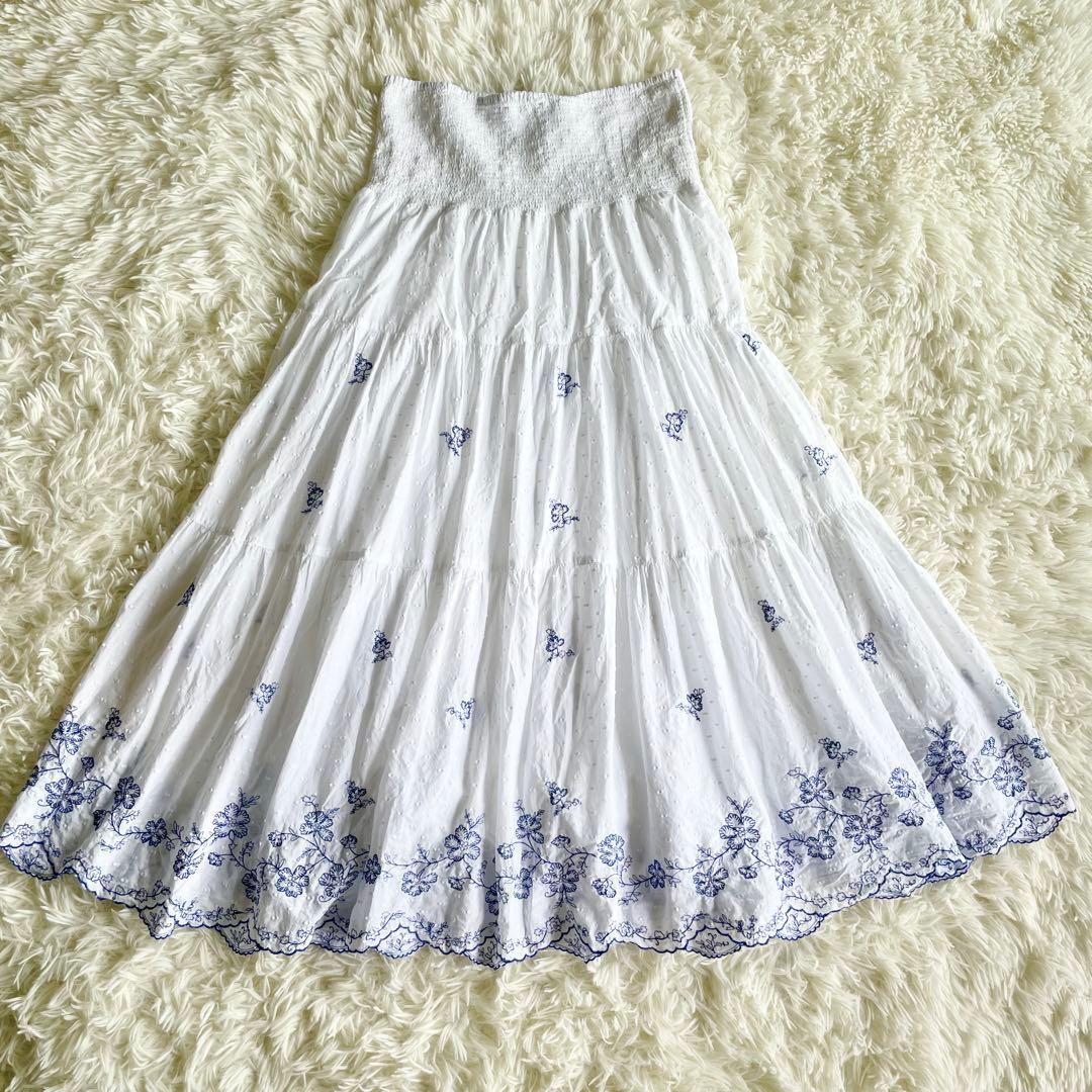 ローレンラルフローレン　花柄 刺繍 ロングスカート S相当　白　2way