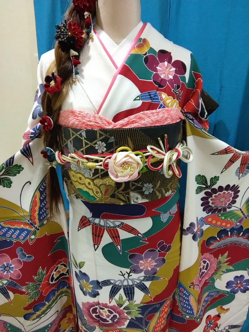 振袖フルセット、正絹京紅型振袖、落款重ね衿帯揚げ帯締め、西陣袋帯襦袢、ガード加工