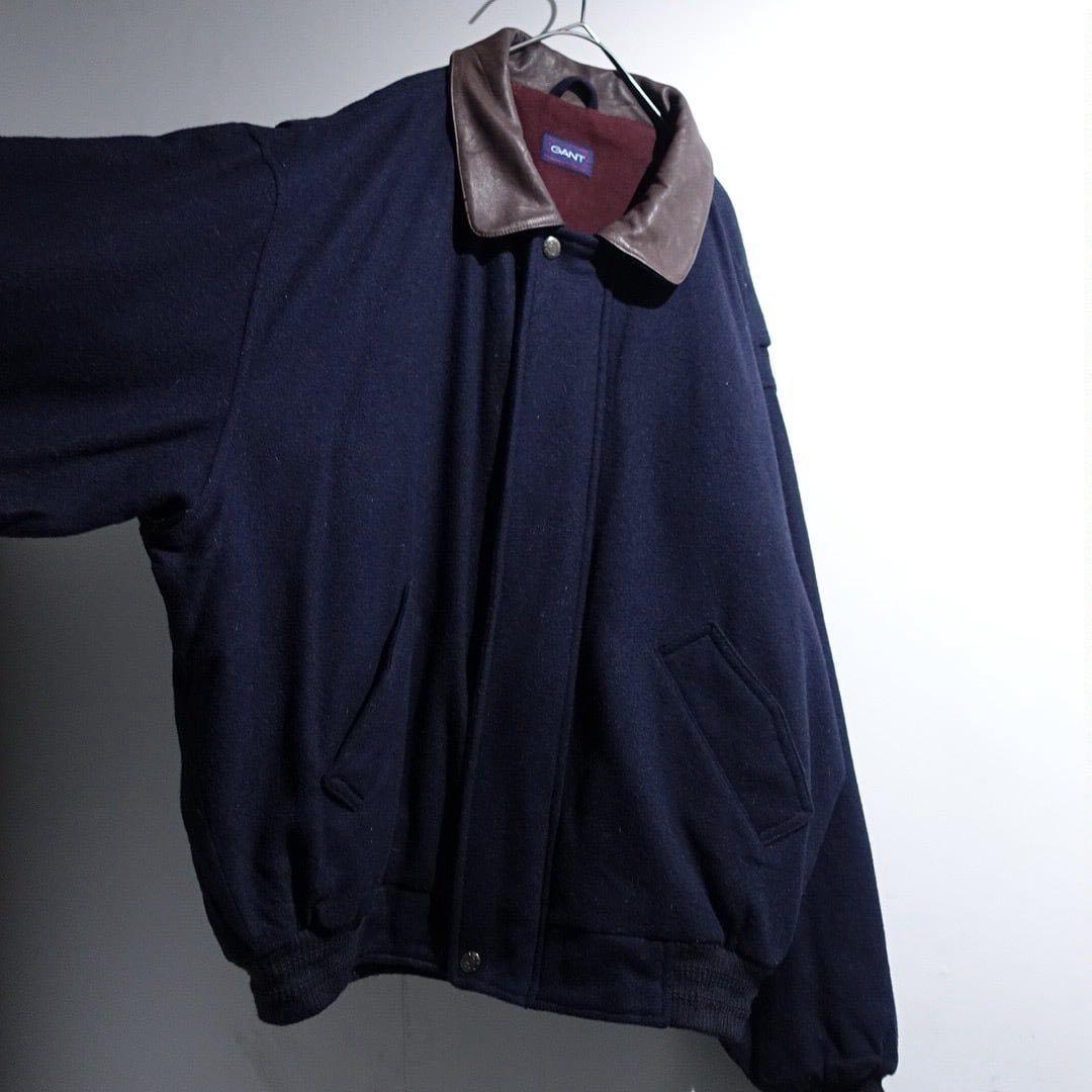 90s GANT レザー襟 ウールブルゾン オーバーサイズ ネイビー短丈