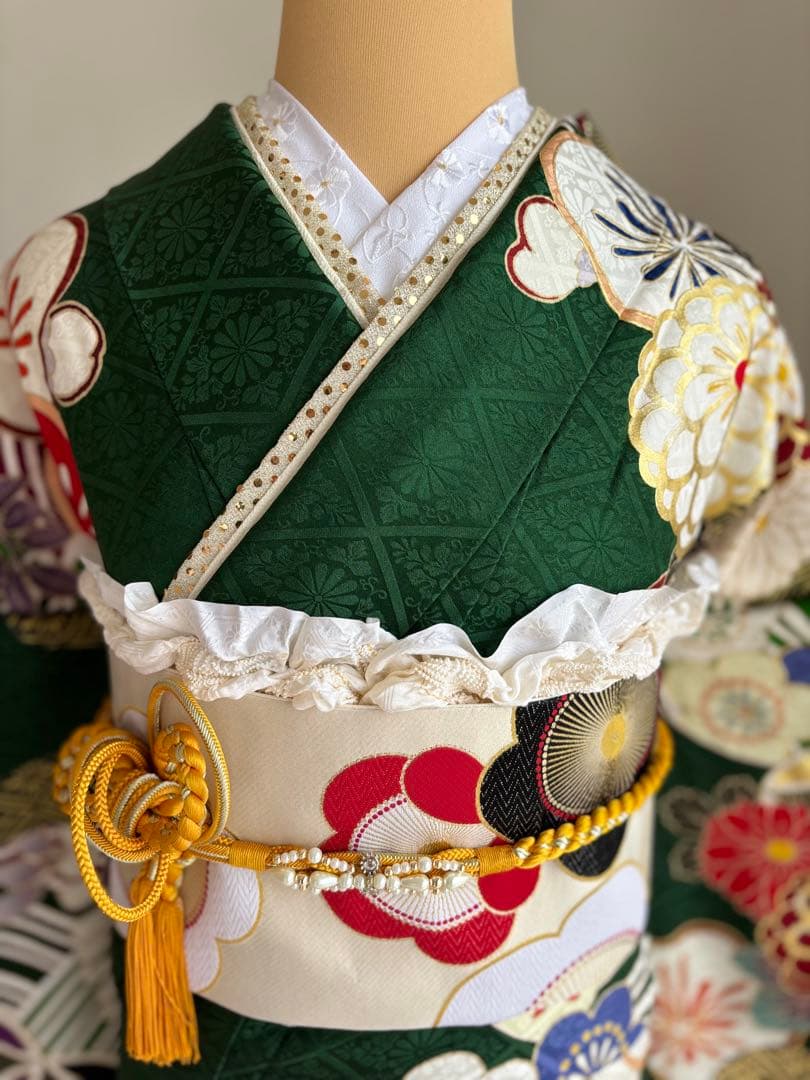 ⭐️間もなく終了（3/1までの出品）振袖フルセット　正絹振袖　成人式　深緑系