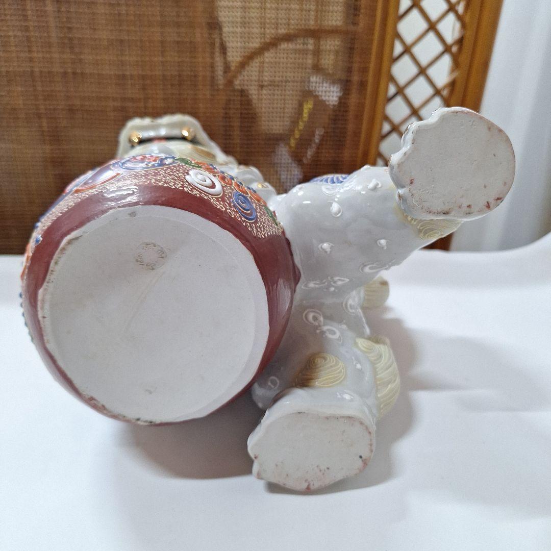 九谷焼 玉乗獅子 狛犬 金彩白シーサー　縁起物
