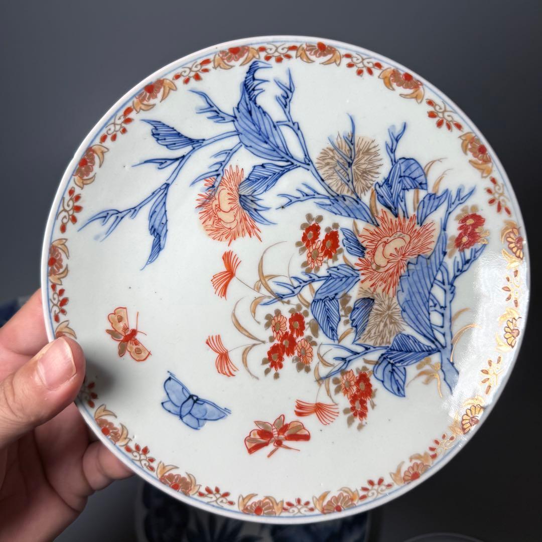 古伊万里　染付　青花　錦　花蝶図　墨弾き　芙蓉手　風景画　まとめて六枚　平皿　鉢