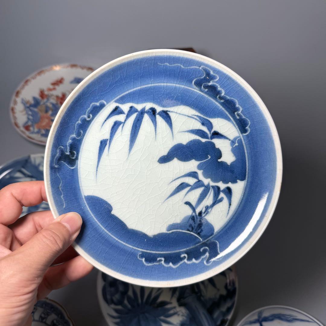 古伊万里　染付　青花　錦　花蝶図　墨弾き　芙蓉手　風景画　まとめて六枚　平皿　鉢