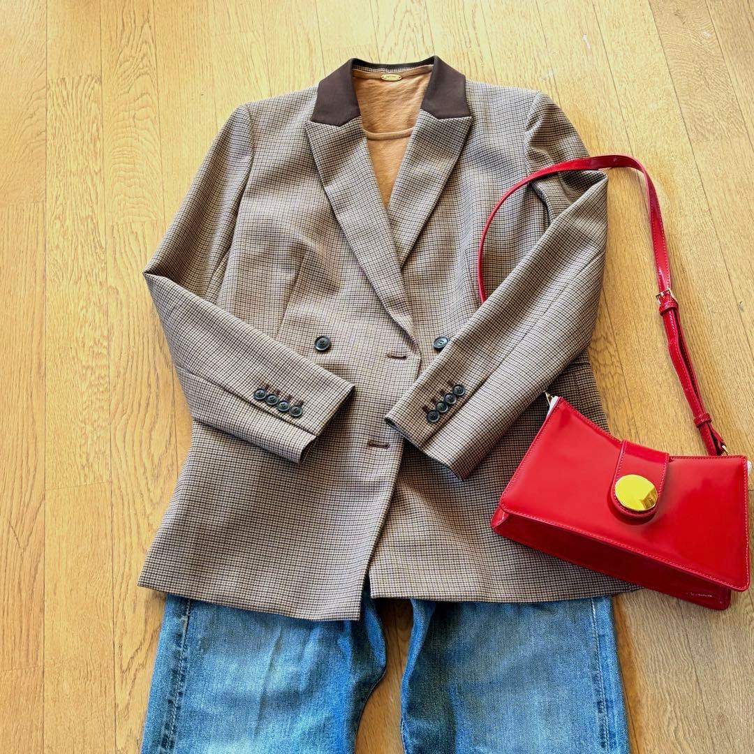 【春コーデ】チェック柄 ダブルブレスト ジャケット ブラウン M BEIGE