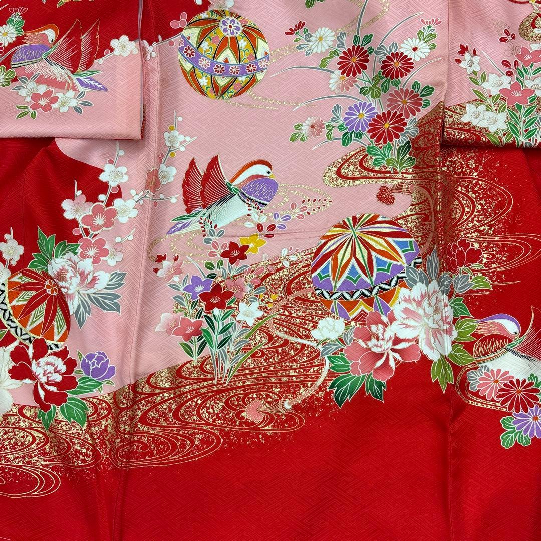 新品正絹産着（お祝着）最高級京友禅伝統染分け染　豪華四季花祝い毬熨斗王朝鴛鴦文