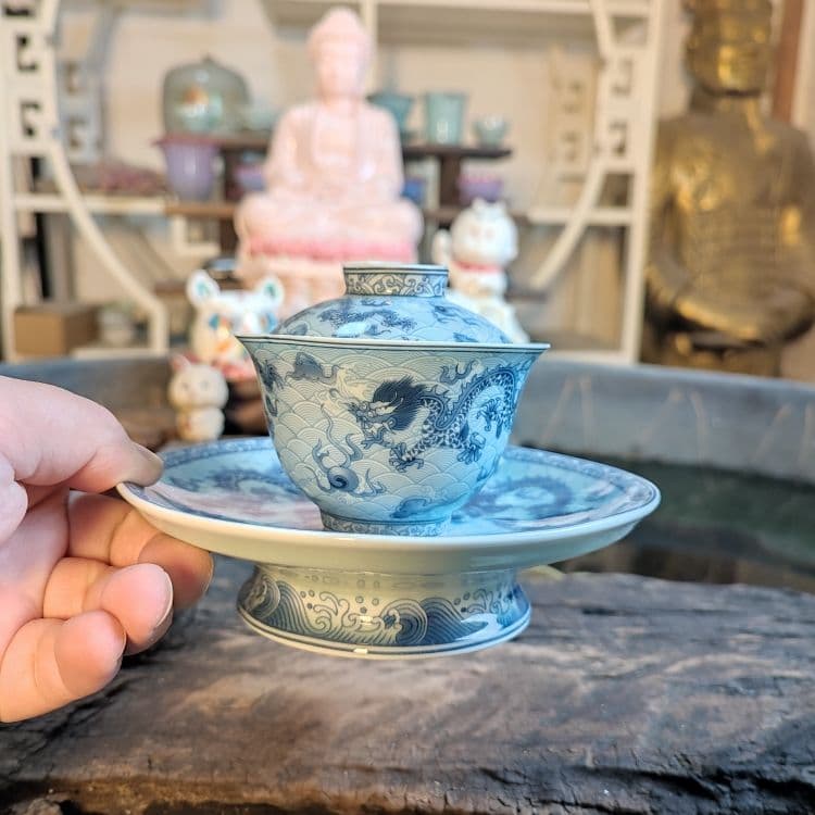 鯖龍紋三才蓋碗 中国茶器 景徳镇 蓋付き茶器 飲茶食器 煎茶具 未使用品