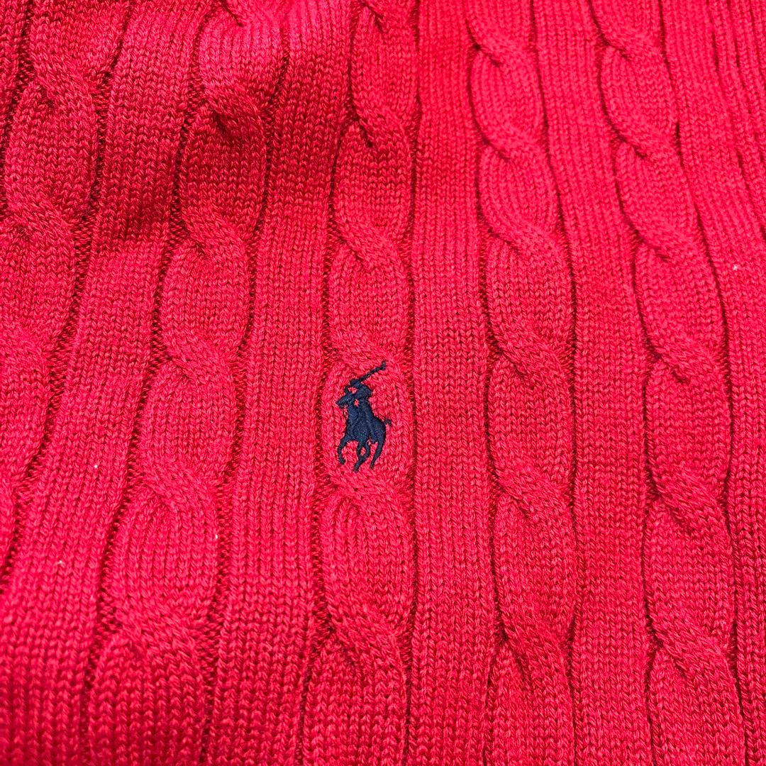 N11222Ralph Lauren 赤 ケーブルニット ウール50%膝掛