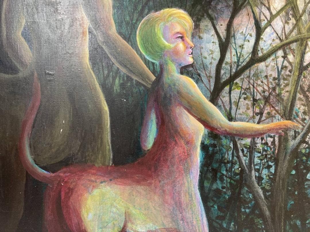 不思議の国 神話的な生物の油彩画 神話的な生物と人間が描かれた多彩な油彩画。