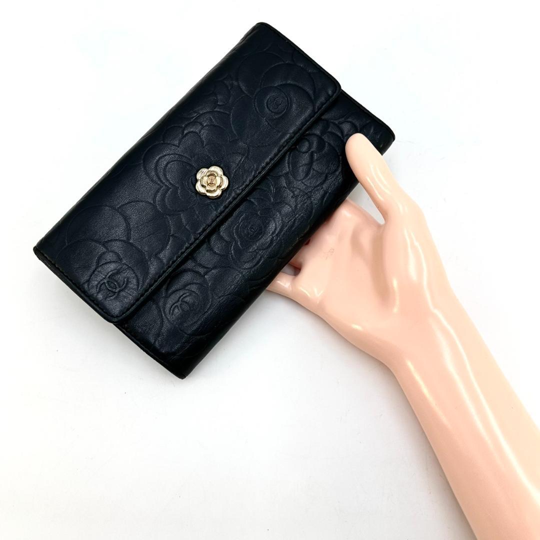 CHANEL シャネル カメリア ココマーク ラムスキン 三つ折り長財布 黒