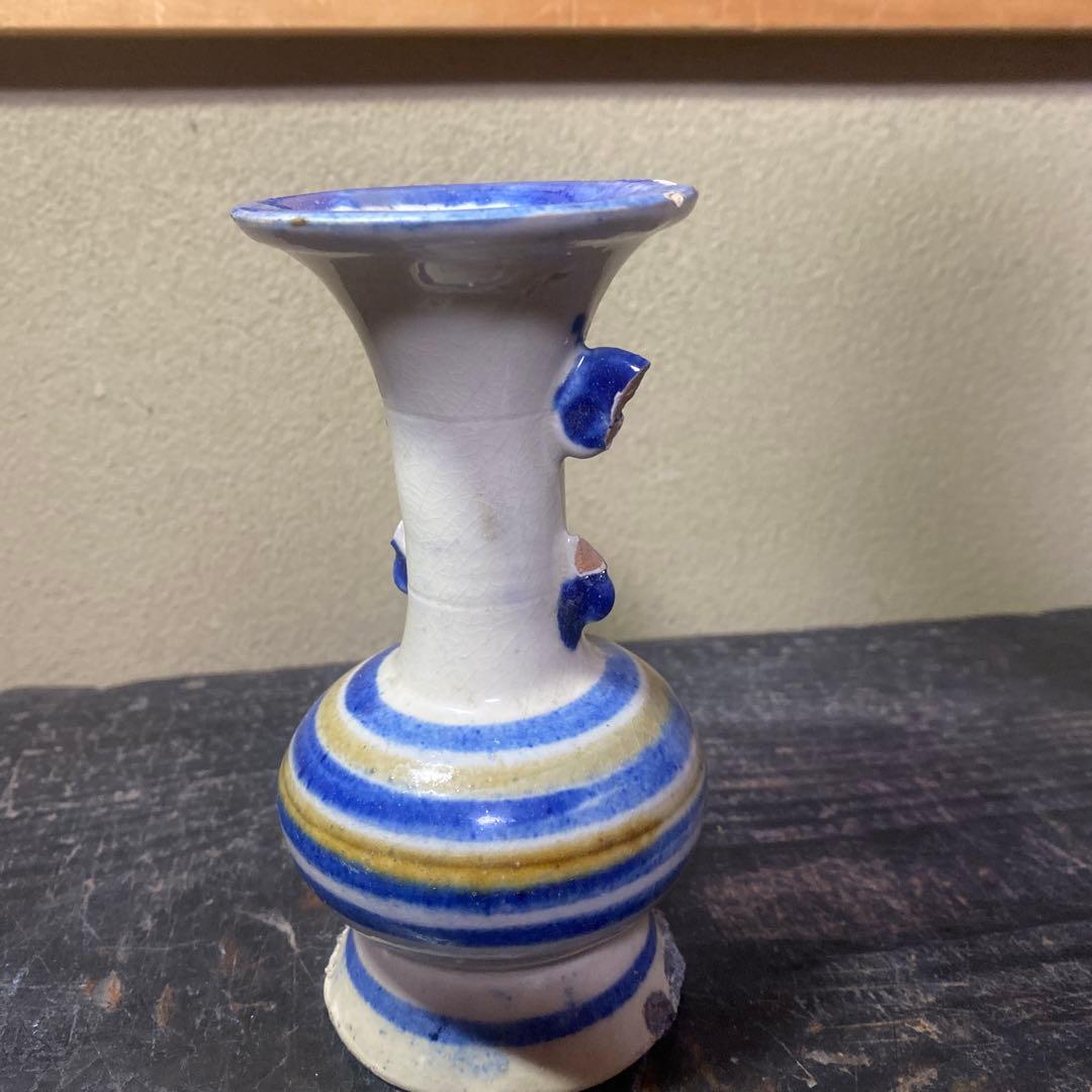 S沖縄琉球　壺屋焼横線仏花器14.5cm7cm
