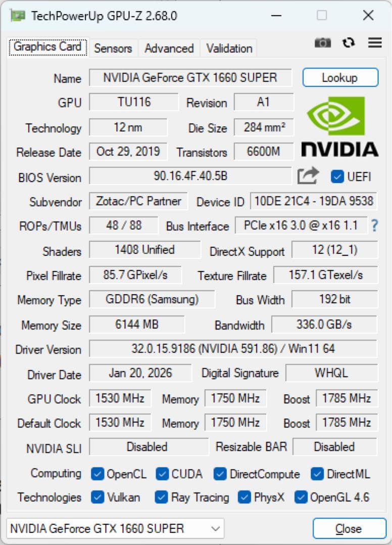グラフィックボード・グラボ・ビデオカード ZOTAC GeForce GTX 1660 SUPER 6GB