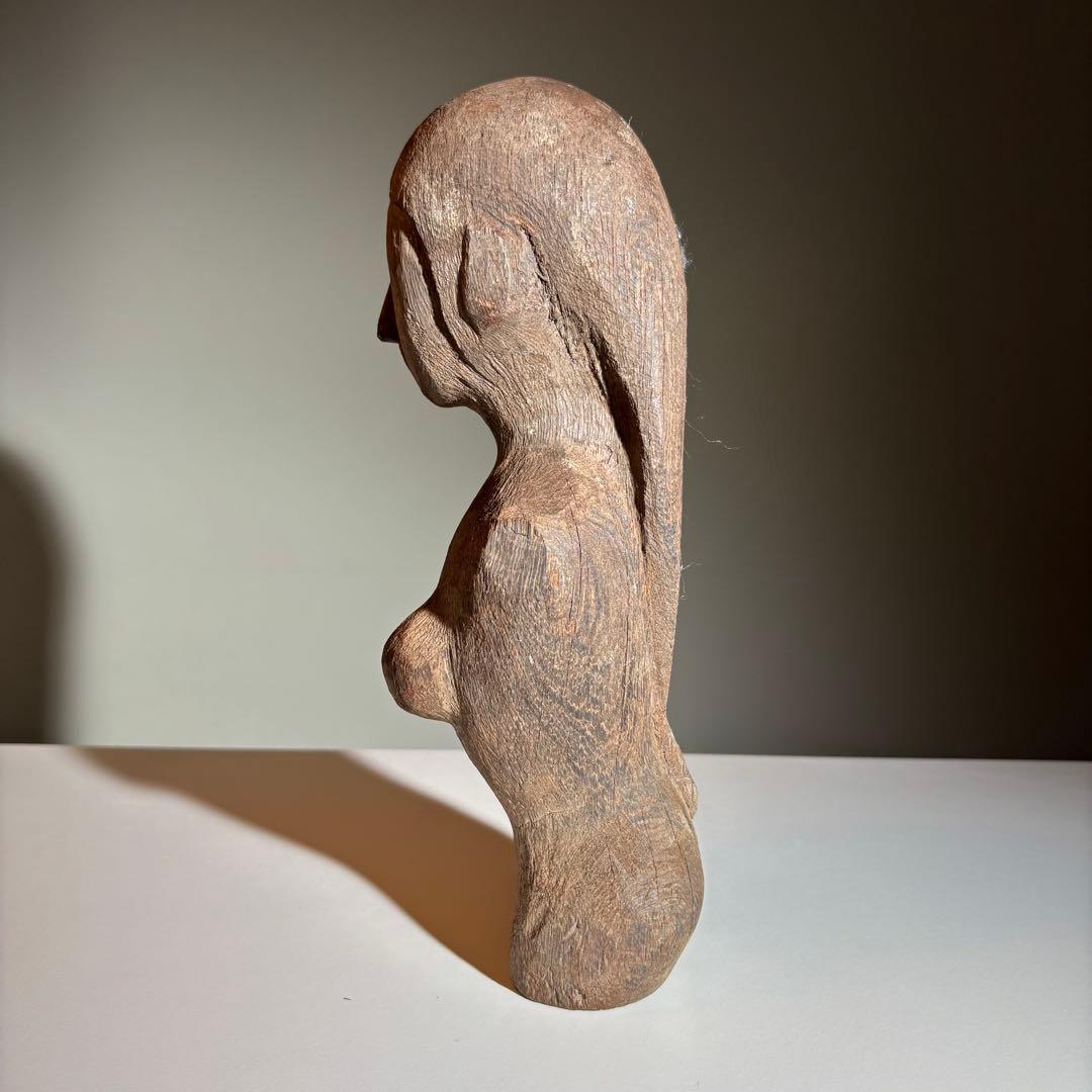 木彫りの女性の胸像 プリミティブアート 現代芸術 オブジェ 置物 フォークアート