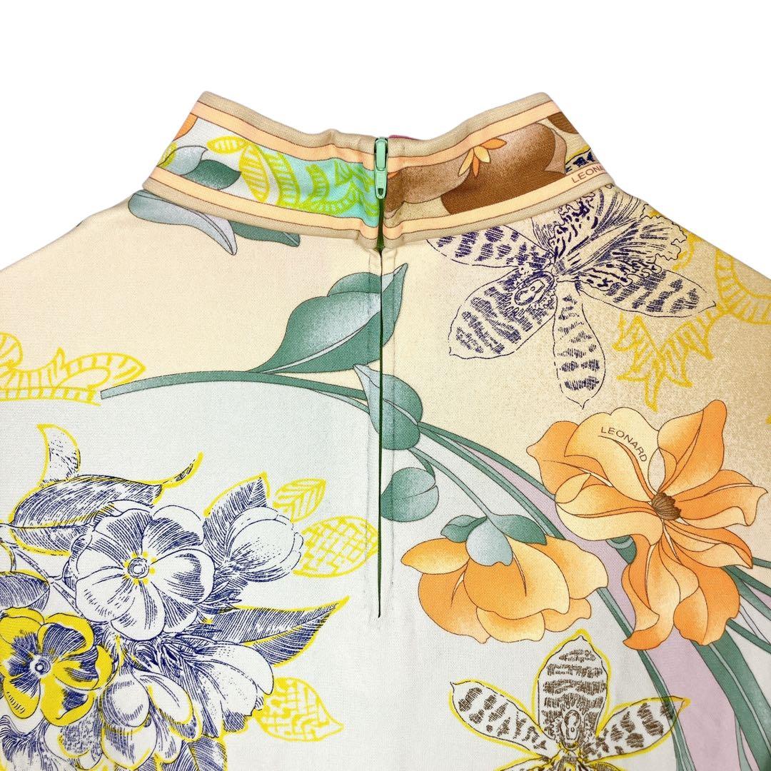 マカ93 美品 レオナール 半袖カットソー ハイネック 花柄 カンカン素材 L