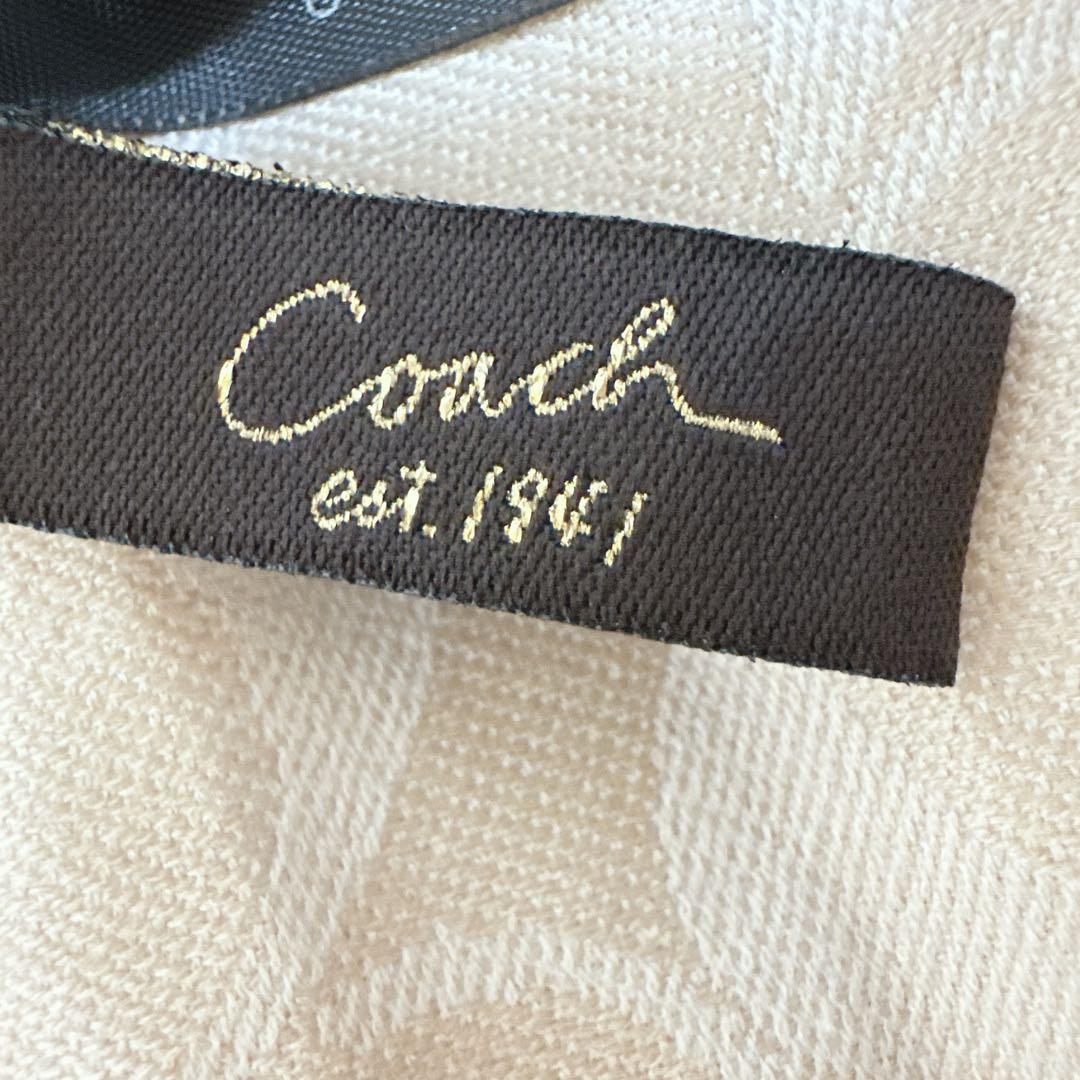 美品 COACH シルク&ウール ストール シグネチャー柄 ベージュ 光沢