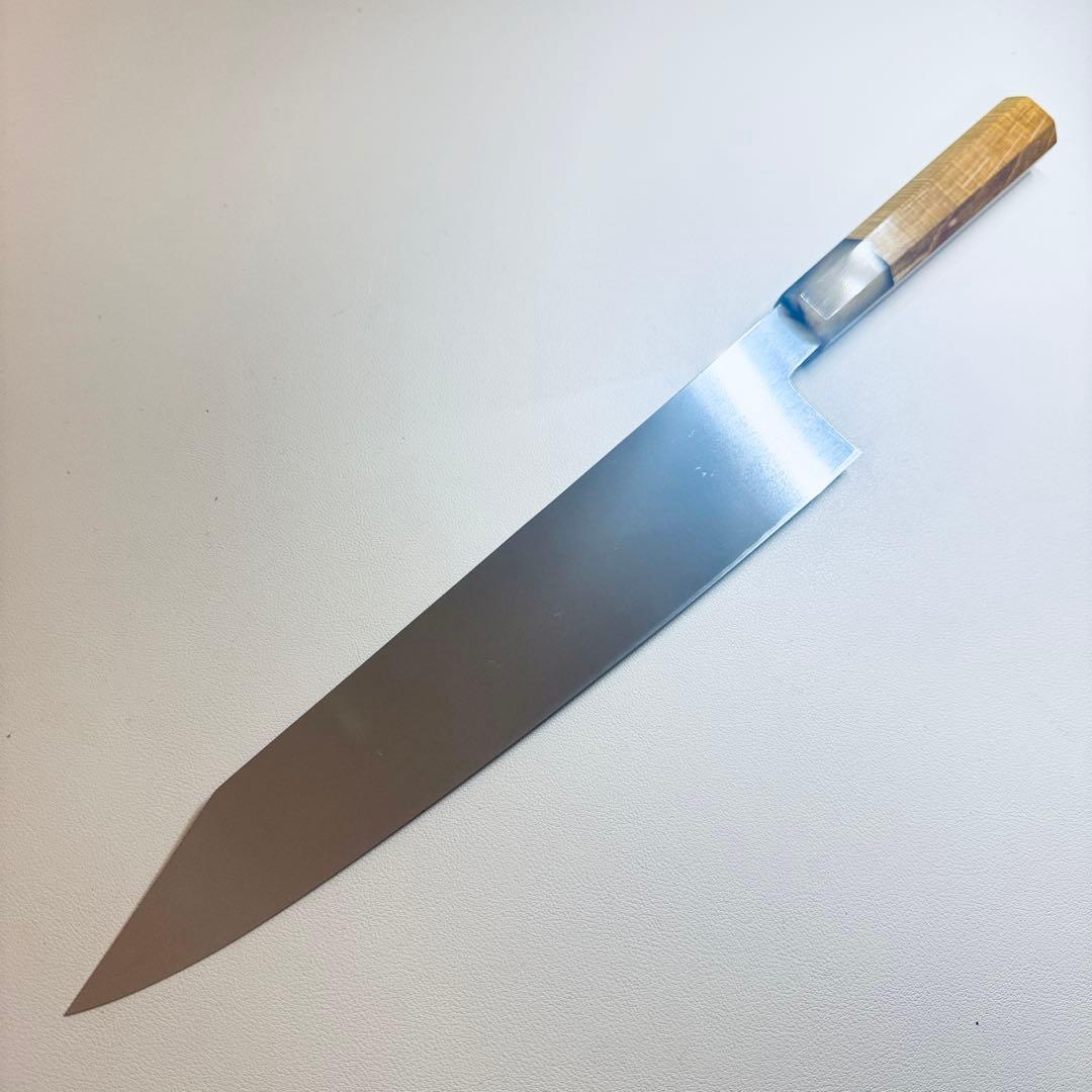 切付牛刀 270mm 片刃 鏡面仕上げ 欅八角柄（縮杢）白水牛角