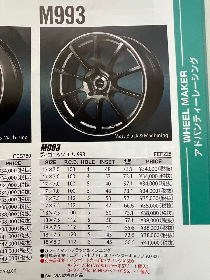 アドバンティレーシング17インチ ホイール　17×7.0 100 4 +48