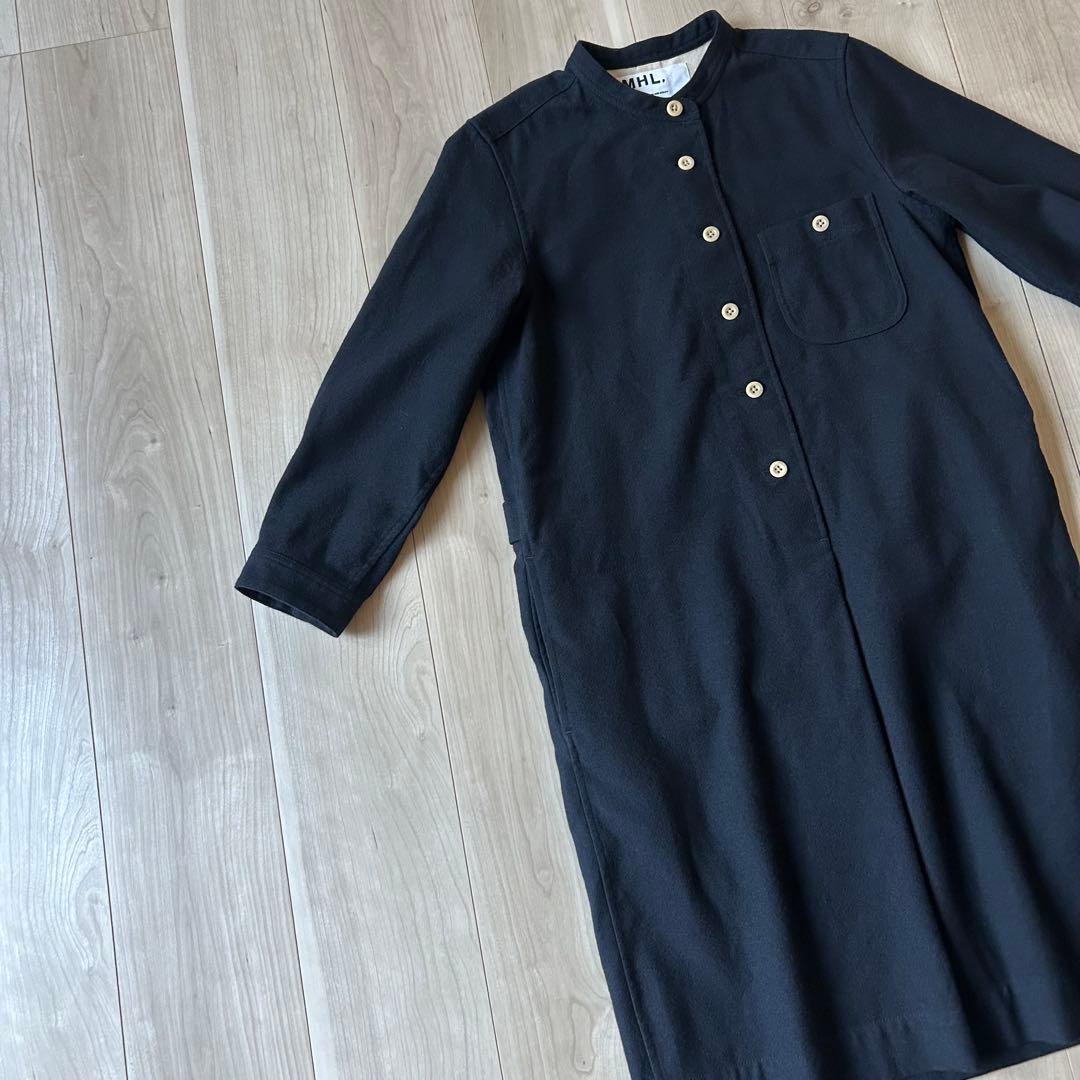 美品＊MHL. コットンウール 黒 バンドカラー ツイルワンピース 1