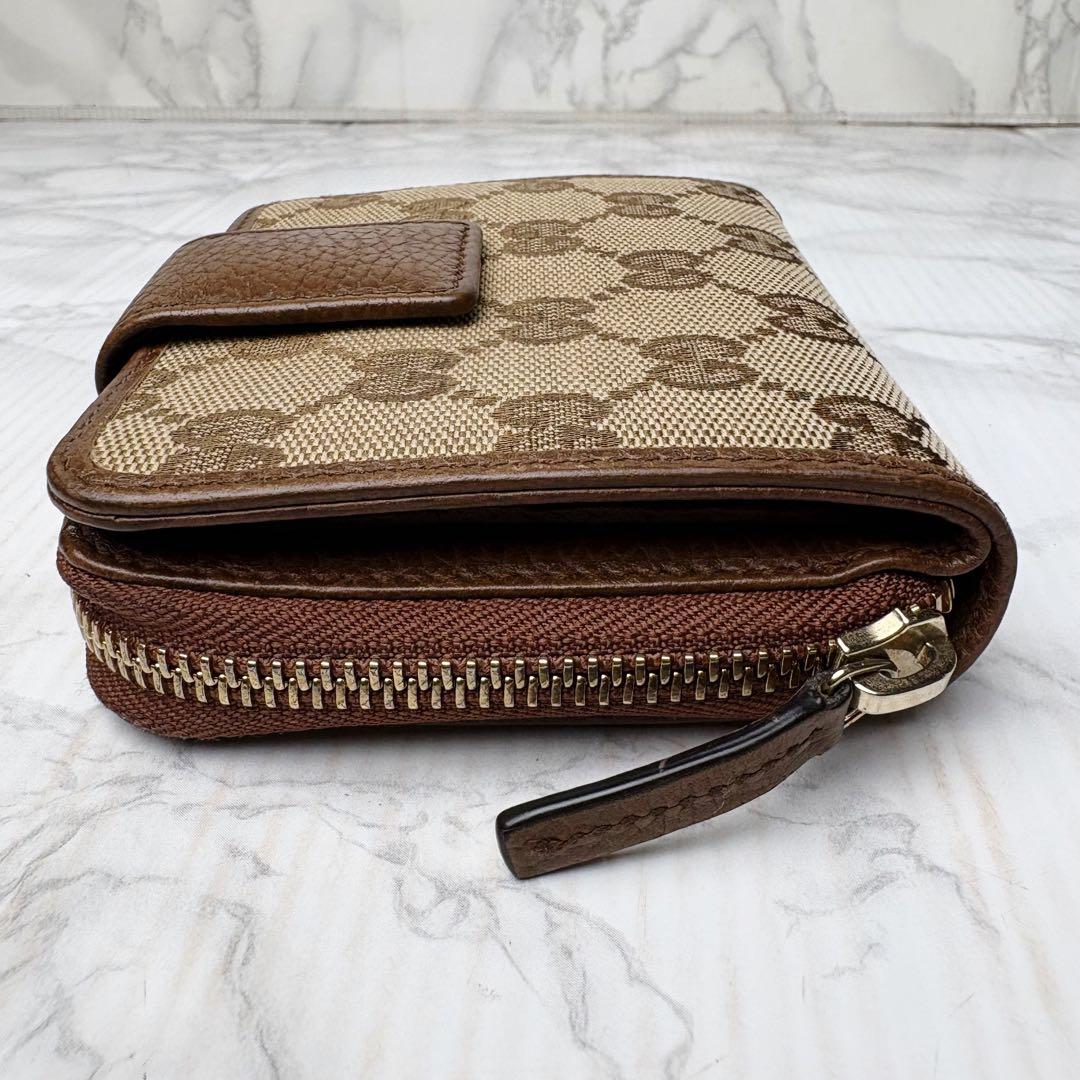 011 極美品 GUCCI 二つ折り財布 ラウンドファスナー GG柄 茶 m6