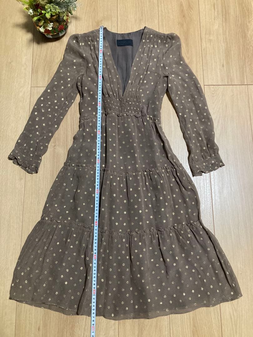 ★美品★デレクラム　シルクシフォン　ブラウン ドット柄 長袖 ワンピース