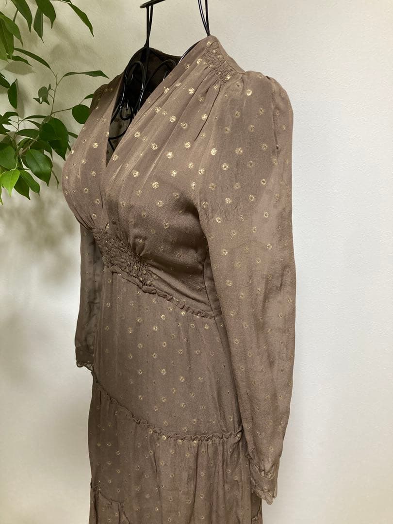 ★美品★デレクラム　シルクシフォン　ブラウン ドット柄 長袖 ワンピース