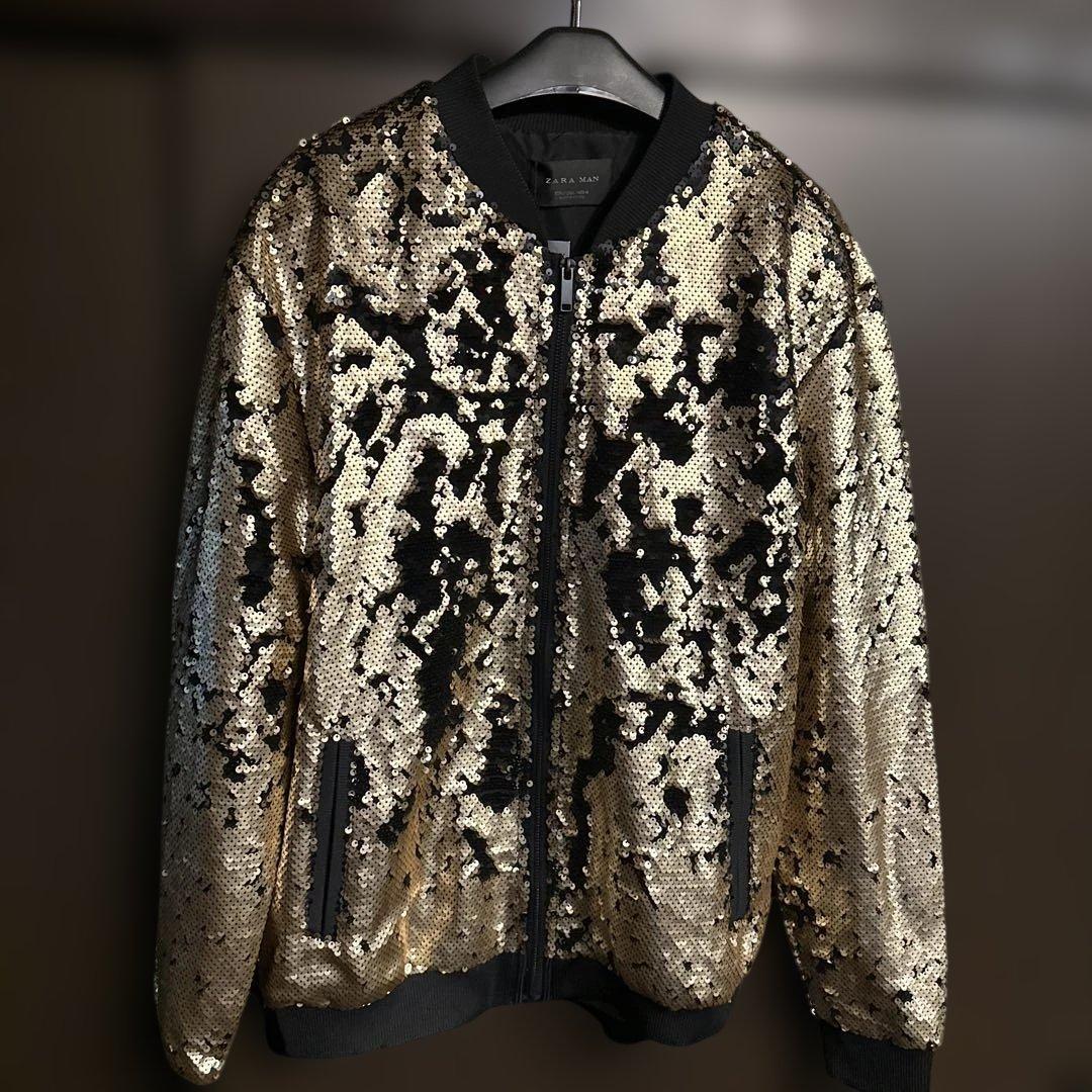 新品珍品✨ゴールド×ブラック スパンコールジャケット ZARA L
