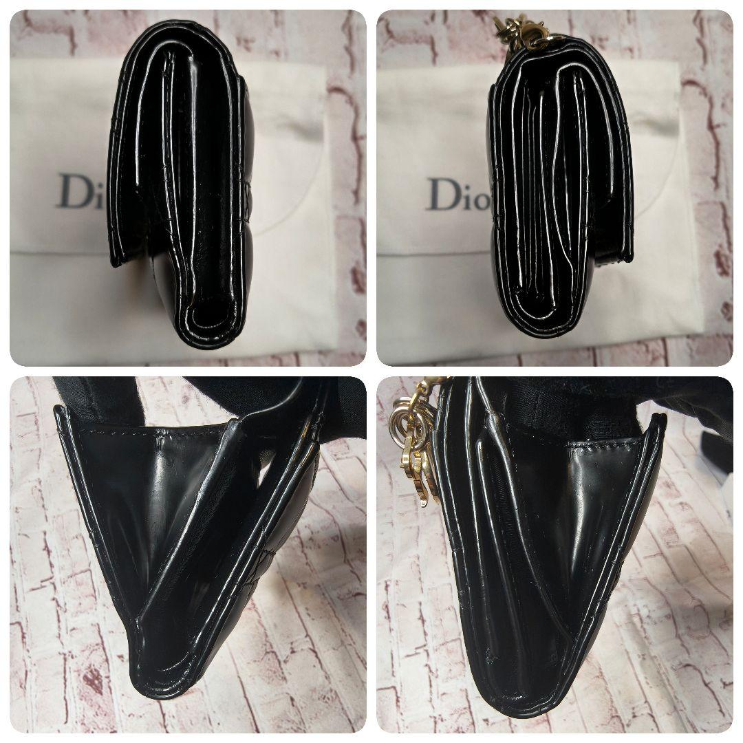 【美品】ディオール 三つ折財布 ロータス カナージュ エナメル ラムスキン／黒K