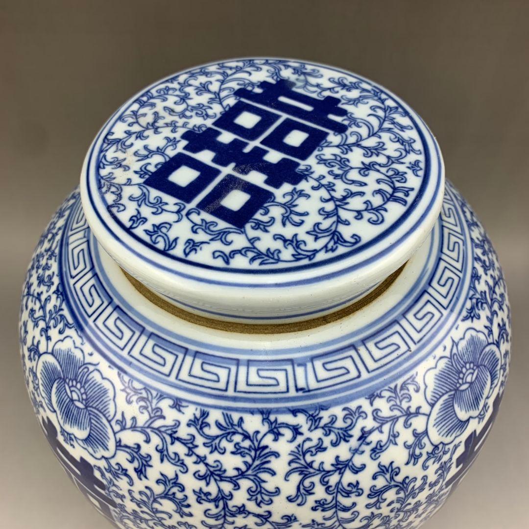 民国青花喜字缶   陶磁器 装飾品 現代工芸品美術品 置物