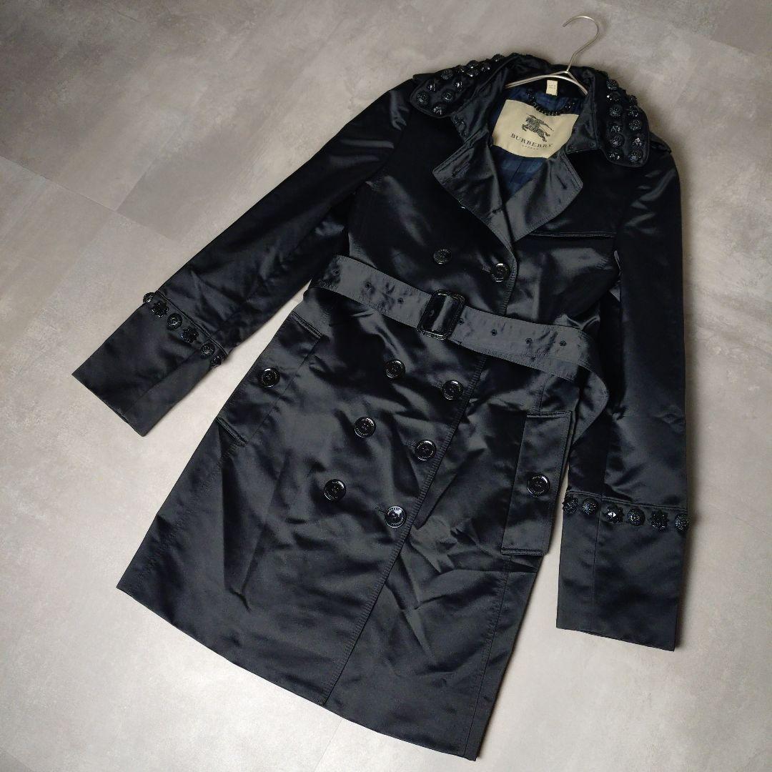 Burberry　サテン装飾付きトレンチコートブラック　ITA36 XS