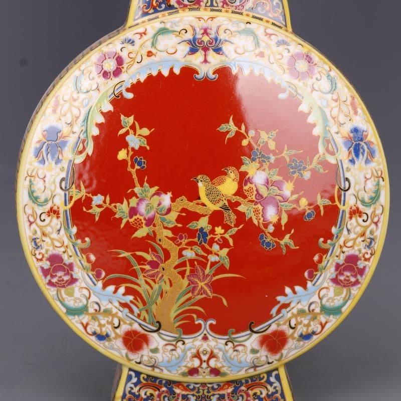 清雍正琺瑯彩花鳥四月抱月扁瓶 景徳鎮 陶磁器 装飾品 現代工芸品美術品 置物