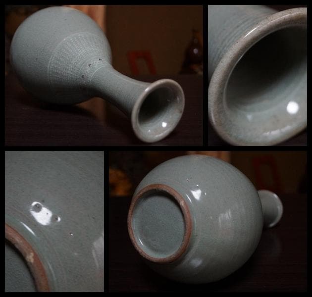 茶道具 広州窯青磁 花入象嵌唐草文 花器 共箱