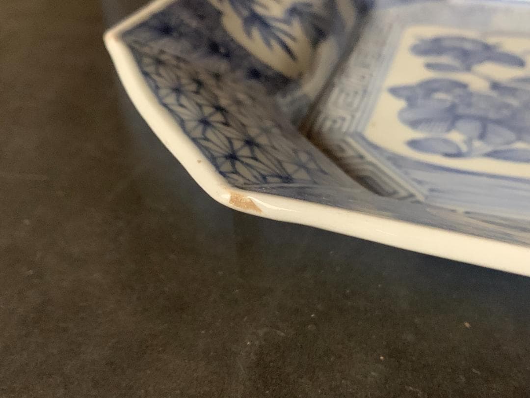 古伊万里 染付 線描 花蝶山水図 隅切 角皿 江戸後期 547