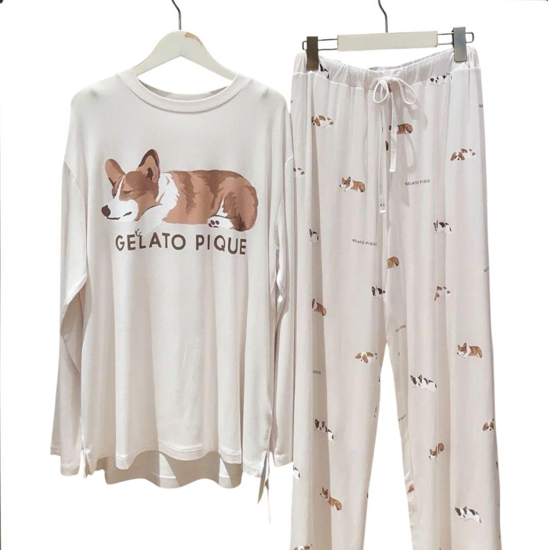 新品 ジェラートピケ sleeping dog プルオーバー上下セットコーギー
