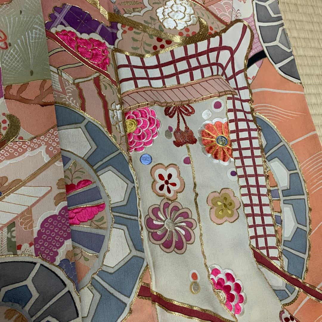 13★振袖　美品　縮緬　御所車松花刺繍　金駒刺繍　裄63cm★