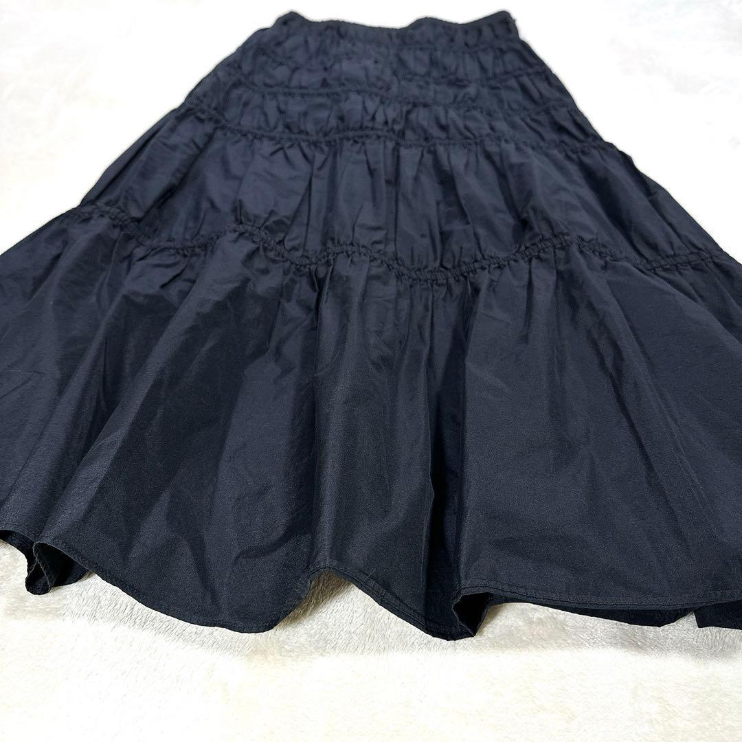 極美品 ロエフ 黒 グロッシー タフタ ギャザースカート ロング マキシ丈