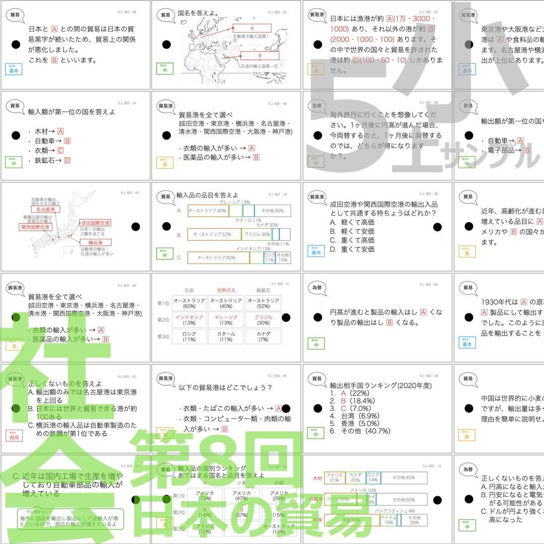 中学受験 暗記カード【5年上 社会 1-9回セット】組分けテスト 予習シリーズ