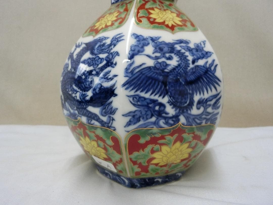 【中国陶磁器　花器花瓶　多角面　色絵龍鳳凰花文・WA・古董古玩】◆骨董 美術工芸