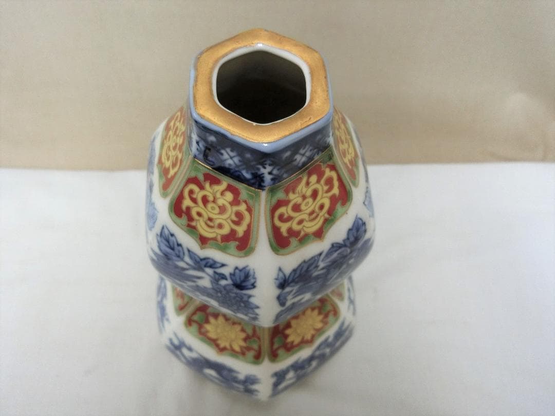 【中国陶磁器　花器花瓶　多角面　色絵龍鳳凰花文・WA・古董古玩】◆骨董 美術工芸