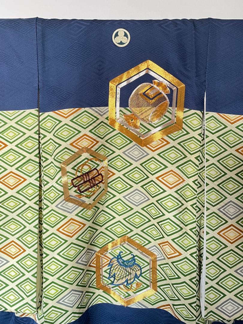 □男児　正絹祝着　菱紋　亀甲金駒刺繍　お宮参り　初着　掛け着　襦袢付　紺色